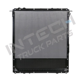 Alternative view of Radiator - 08-13 Freightliner Cascadia, Outlet on the lower left side, 115001 with frame, (bracket at upper left corner has bolt)