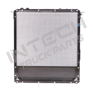 Alternative view of Radiator - 08-13 Freightliner Cascadia Outlet on the lower right (bracket at upper left corner has no bolt), 115003 with frame,